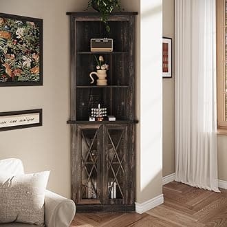 Maupvit 66.8" Tall Corner Cabinet, Modern Storage Cabinet with 2 Glass Doors & Adjustable Shelves, 5-Tier Corner Display Cabinets for Living Room, Bathroom, Dark Oak