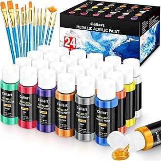 Caliart Metallic Acrylic Paint Set with 12 Brushes, 24 Colors (59ml, 2oz) Art...