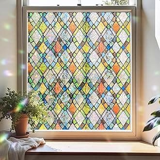 Window Privacy Film, Stained Glass Decorative Static Cling, Removable Laser Sun Blocking Vinyl Covering,Window Film for Home Kitchen Living Room, Rainbow Crystal Shards, 17.3 x 78.7in