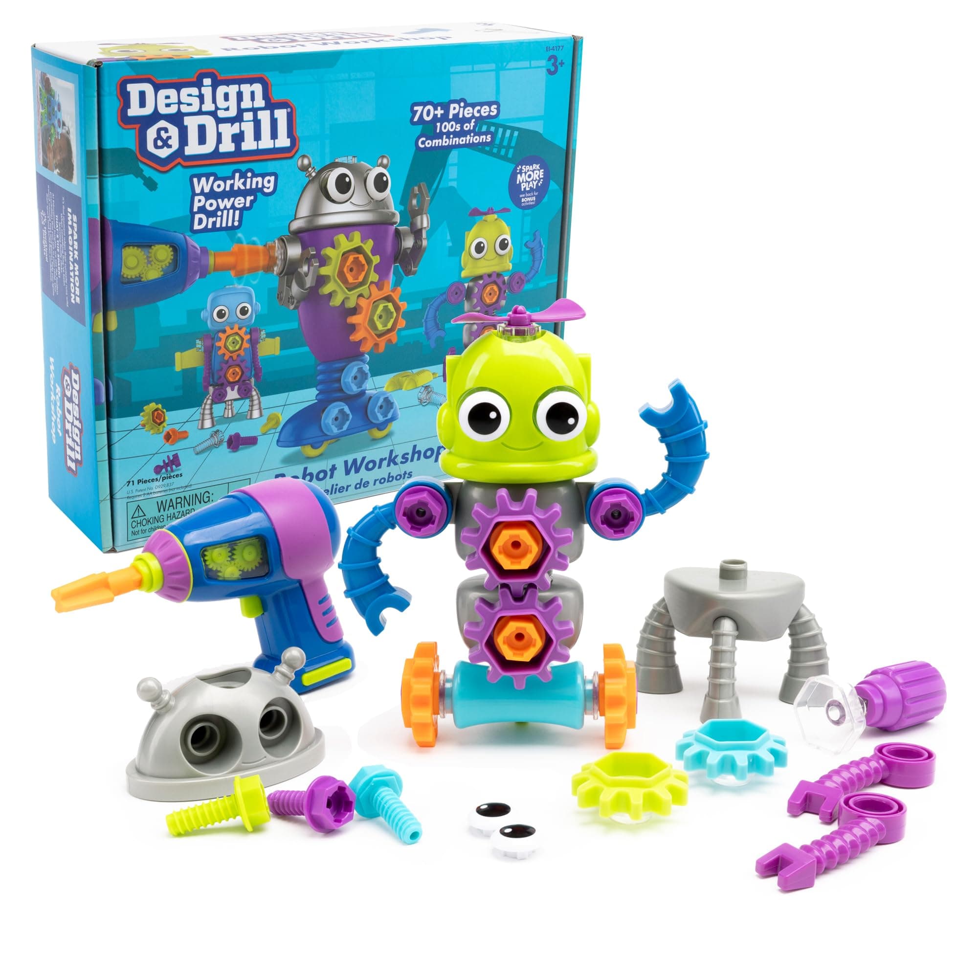 Educational Insights Learning Resources Design & Drill Robots Workshop, Robot Toys for 3 Year Old Boys and Girls, Stem Building Toy for Kids, Detachable Toy with Drill for Kids Workers