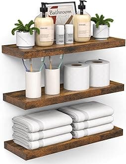 BAYKA Floating Shelves for Wall – Bathroom Shelves Rustic Wood with Metal Brackets for Bathroom, Bedroom, Kitchen, or Living Room Decor – Rustic Brown, Set of 3, Sturdy Storage with 22lb Capacity