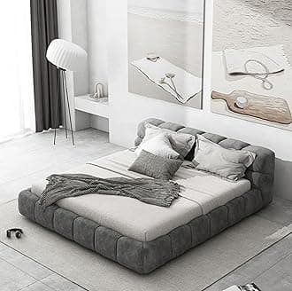 Modern Fabric Upholstered Bed Frame – Queen/King Size with Grey Square Headboard (No Mattress (Grey, 200X200cm)
