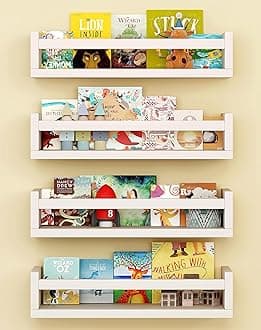 Onlysky Set of 4 Wall-Mounted Children's Book Supports – White Floating Nursery Books – Durable Wooden Construction – Ideal for Nursery, Children's Room, Toy Storage