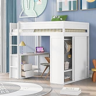 Modern Full Size Loft Bed with Sliding Door Wardrobe and 2-Drawer Desk, Solid Wood Loft Bed Frame with Safety Guardrail for Kids Teens Adults, Space-Saving Design (A+White)