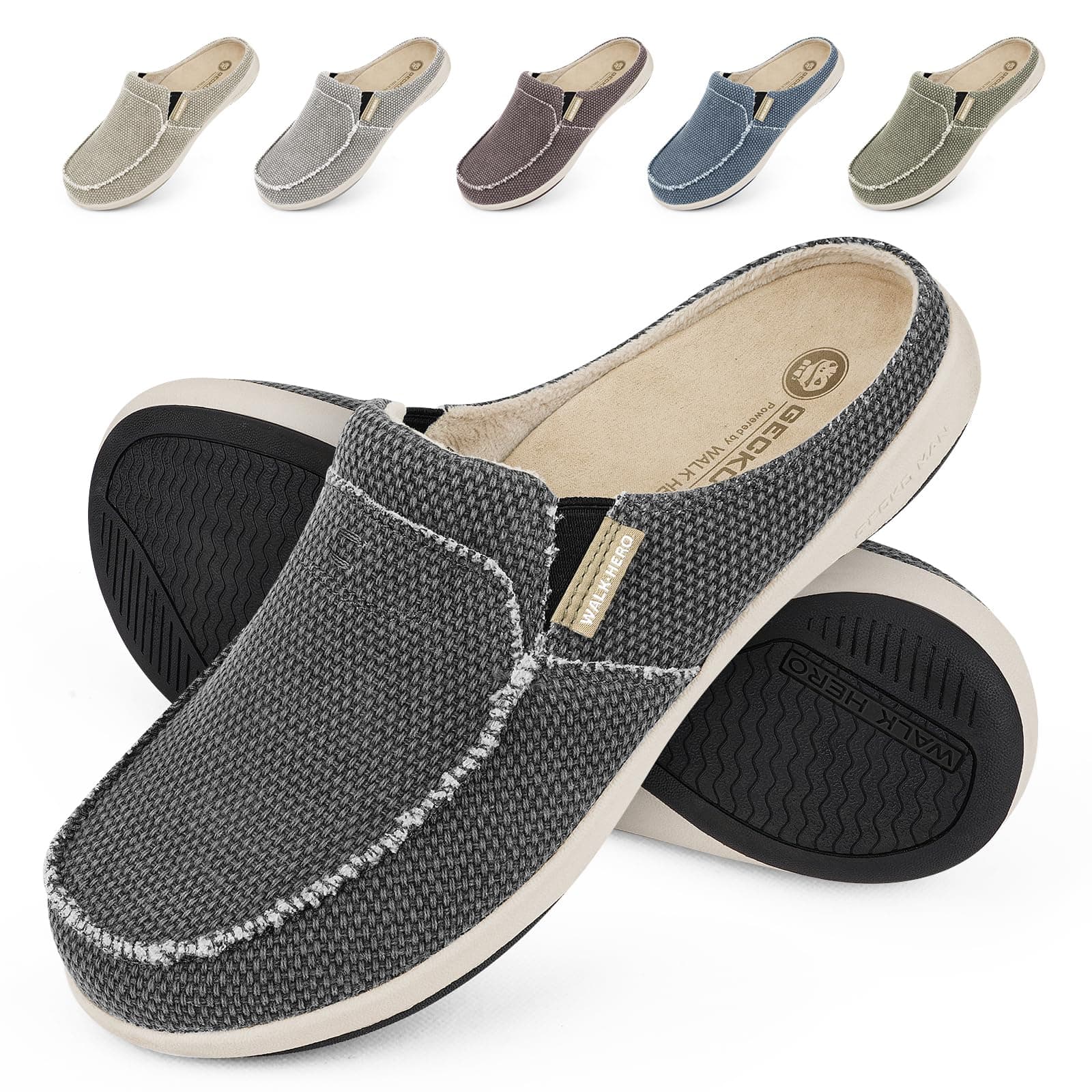 Mens Slippers with Arch Support, Canvas House Slipper for Men with Velvet Lining, Slip On Clog, Indoor Outdoor House Shoes with Anti-Skid Rubber Sole