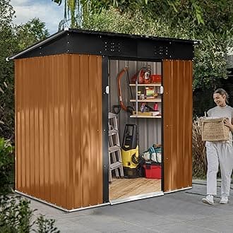 6x4 FT Outdoor Storage Shed Garden Shed Tool Shed with Lockable Door and Sloping Roof, Durable Metal Storage Shed for Backyard, Outside, Patio, Coffee