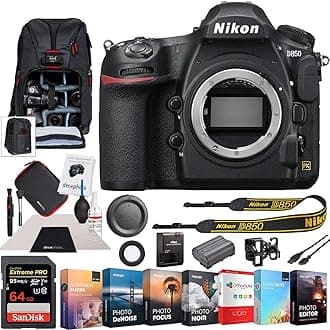 D850 45.7MP Full-Frame FX-Format Digital SLR Camera Black Body Bundle with 64GB Memory Card, Photo and Video Professional Editing Suite, Camera Sling Backpack and Cleaning Kit