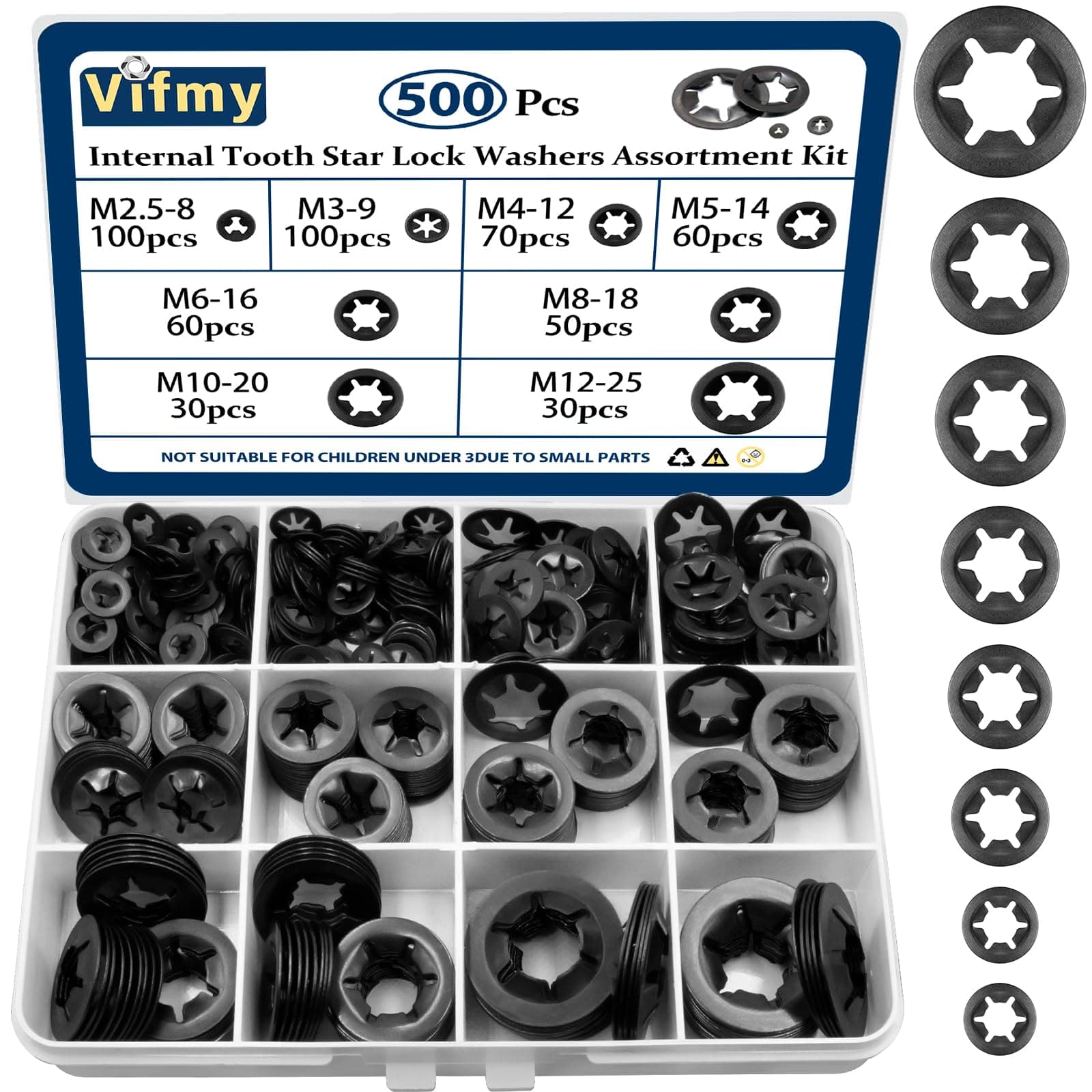 500PCS Internal Tooth Star Lock Washers,m2.5 m3 m4 m5 m6 m8 m10 m12 Quick Speed Locking Washers Assortment Kit,Steel Black Oxide Finish Push on Locking Washer