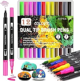 12 Dual Tip Brush Pens Felt Tip Art Markers Pen Set 12 Colors for Kids Adults Colouring Book Supplies Fineliner Tip Brush Marker for Drawing Sketching