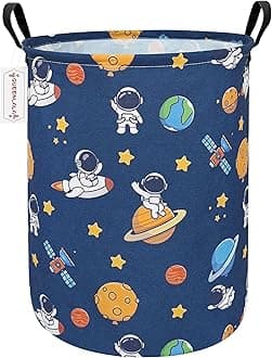 QUEENLALA Large Storage Basket,Laundry Hamper/Bathroom/Home Decor/Collapsible Round Storage Bin,Boys and Girls Hamper/Boxes/Clothing（Round-Yellow Star Astronaut）