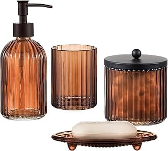 4PCs Heavy Weight Decent Glass Bathroom Accessories Set with Decorative Pressed Pattern - Includes Hand Soap Dispenser & Tumbler & Soap Dish & Toothbrush Holder (Brown)