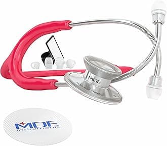 MDF Acoustica Lightweight Stethoscope for Doctors, Nurses, Students, Home Health Use, Adult, Dual Head, Raspberry Tube, Silver Chestpiece-Headset, MDF747XP23
