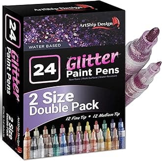 ArtShip Design 24 Glitter Paint Pens, Double Pack of Both Extra Fine and Medium Tip Paint Markers, for Rock Painting, Mug, Ceramic, Glass, and Fabric Painting, Water Based Non-Toxic and No Odor