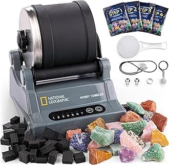 NATIONAL GEOGRAPHIC Hobby Rock Tumbler Kit - Rock Polisher for Kids & Adults, Durable Noise-Reduced Barrel, Rocks, Grit & New GemFoam for a Shiny Finish, Cool Toys, Great STEM Hobby Kit