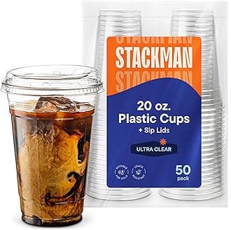 20 oz Clear Plastic Cups with Strawless Sip-Lids [50 Sets] PET Crystal Clear Disposable 16oz Plastic Cups with Lids - Crystal Clear, Durable Cup - BPA Free + Crack Resistant, for Coffee, Juice, Shakes