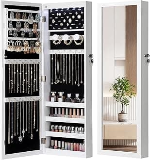 Nicetree 6 LEDs Mirror Jewelry Cabinet, Large Capacity Lockable Jewelry Armoire Organizer, Door or Wall Mounted Mirror with Jewelry Storage, Gift Idea, White