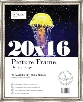 Almost Frameless 20x16 Silver Ornate Picture Frame 20"x16"(50.8x40.6cm) Poster, Photo, Artwork, or Print. Elegant Style Portrait and Landscape Display with Wall Hooks