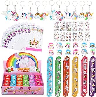 84 PCs Unicorn Party Bag Fillers for Girls, Unicorn Keychains Slap Bracelets Ring Temporary Tattoos Stamps Party Bags, Unicorn Birthday Party Favours Gifts for Kids