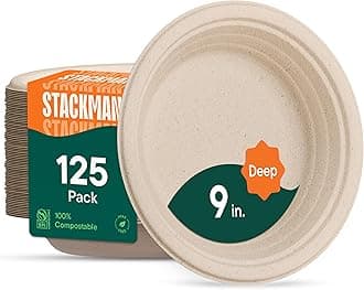 - Deep Dish Paper Plates, Heavy Duty Disposable Dinner Plates [125-Pack] 9 Inch Plates - 100% Compostable Eco-Friendly, Biodegradable Sugarcane Bagasse, Natural Brown 9" Paper Plate Disposable