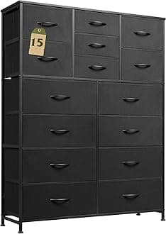 WLIVE Tall Black Dresser for Bedroom Furniture, Fabric Dressers Storage Tower with 15 Deep Drawers, Dresser for Closet, Hallway, Entryway, Office, Storage Tower with Cabinet, Metal Frame, Wooden Top
