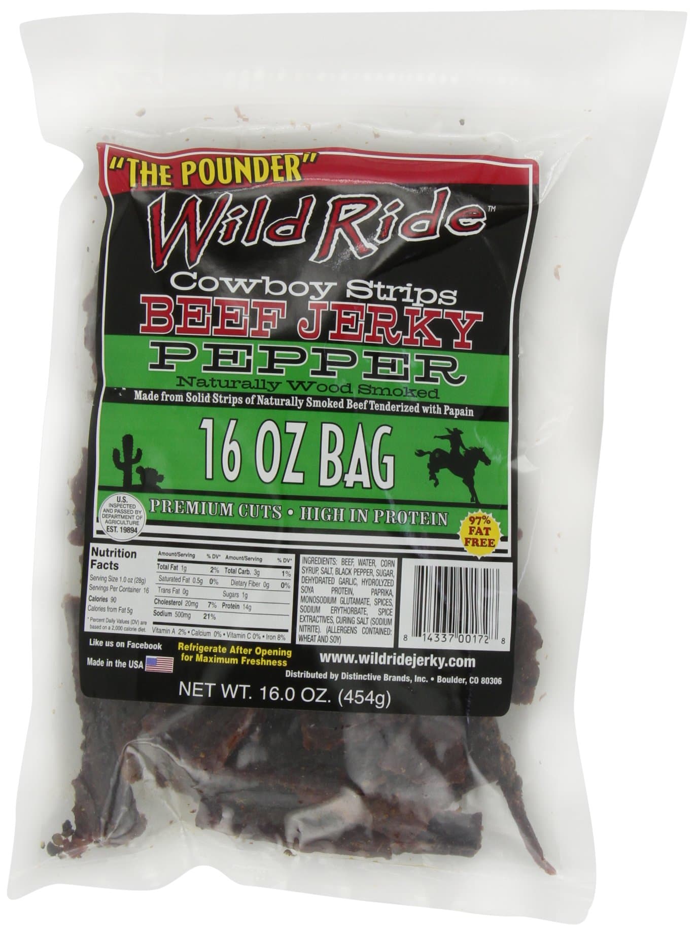Wild Ride Beef Jerky Cowboy Strips Pepper, Beef Jerky, Bulk, 16-Ounce Pouches