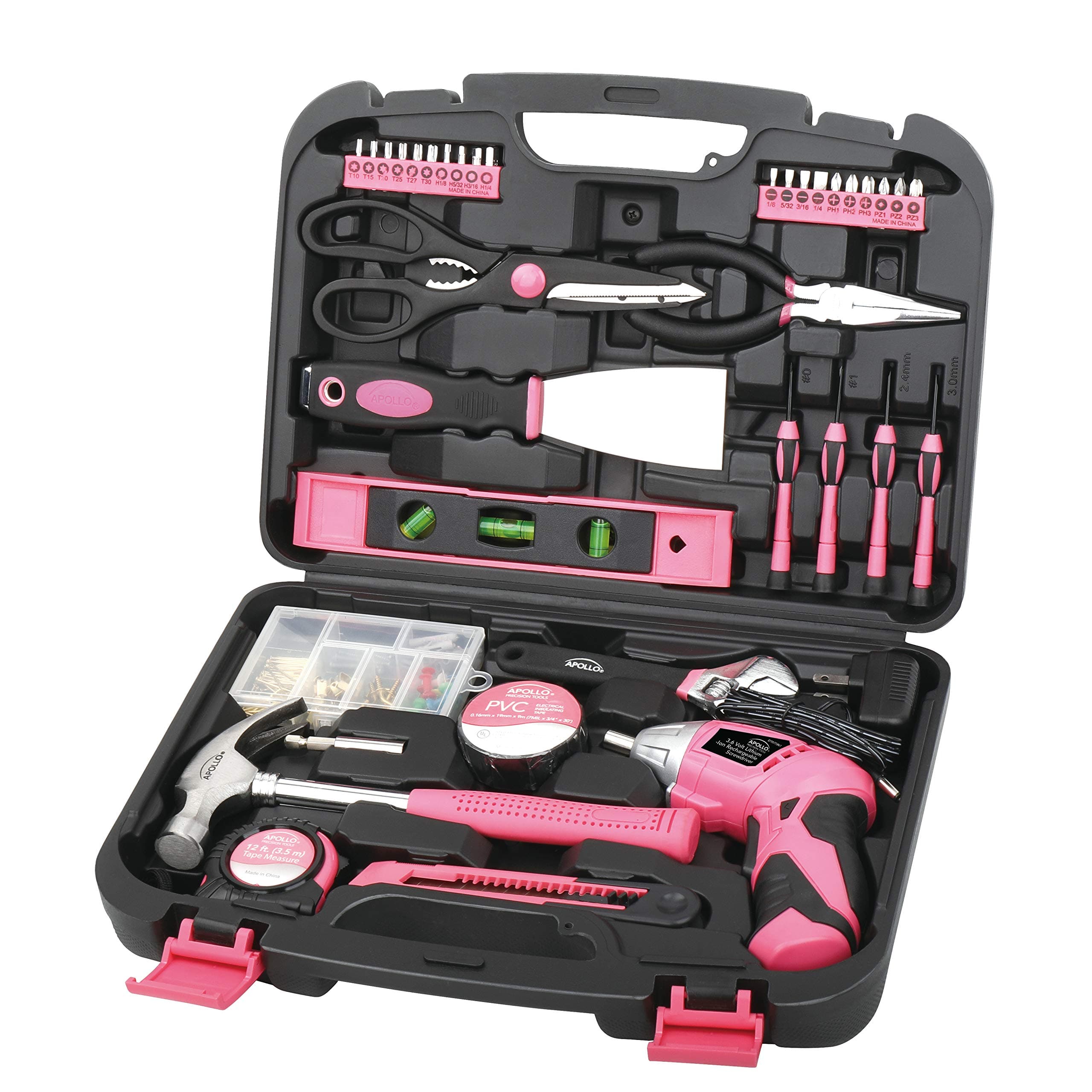 Tools 135 Piece Household Pink Hand Tools Set with Pivoting Dual-Angle 3.6 V Lithium-Ion Cordless Screwdriver - DT0773N1