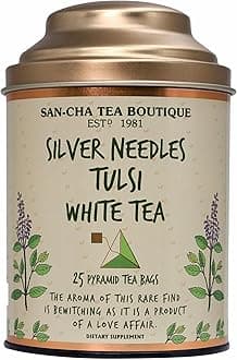 Sancha Tulsi White Tea | 25 Pyramid Bags | Silver Needle White Tea with Pure Tulsi Leaves | Delicate Herbal & Citrus Notes