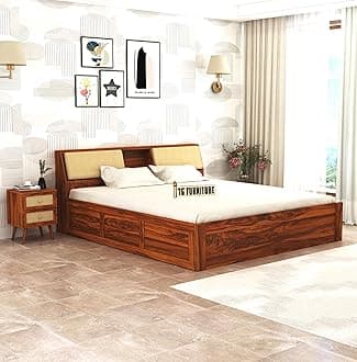 TG Furniture Sheesham Wood Queen Size Bed with Storage | Wooden Double Bed with Box Storage for Bedroom & Hotel | Platform Cot Bed Palang | 78 * 60 Inch, Natural Finish