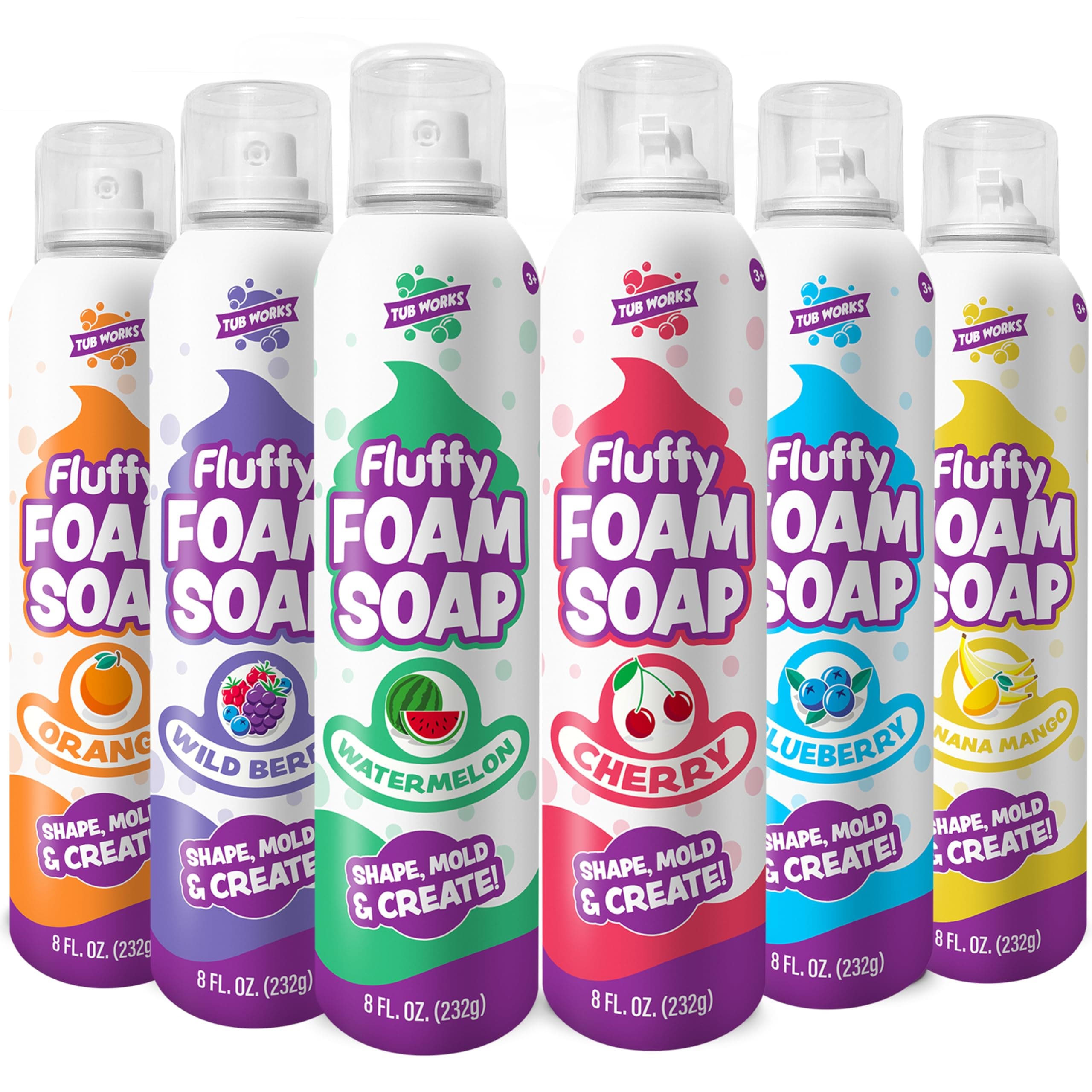 Fluffy Foam Soap, Variety 6 Pack | Shape, Mold & Create Bath Art with Soft Bath Foam for Kids | Gentle, Cleansing Kids Bath Soap | Easy Use Spray Nozzles | Fruity, Fun Bath Colors
