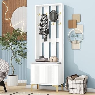 Merax Wood Hall Tree Entryway Bench with Cushion, Farmhouse Mudroom Versatile Coat Racks with 8 Gold Hooks and Legs, Entrance Organizer for Hallway White