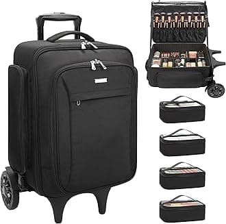 Rolling Makeup Case with 4 Small Makeup Bags, Large Make Up Travel Organizer with 2 big Wheels, Professional Lockable Makeup Artist Backpack with Adjustable Dividers for Daily Use - Black
