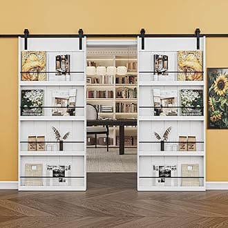 Paintable 72in x 84in Barn Door with 13.2FT Hardware Kit Included, Solid MDF Wood 8-Shelf Storage Shelves Style Sliding Barn Door, Easy Install, Interior Kitchen Pantry Bathroom Home Office