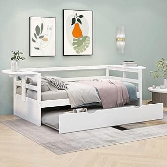 Merax Modern Wood Daybed with Twin Size Trundle and Two Foldable Shelves, Multifunction Sofa Bed Frame for Family, Kids, Teens, No Box Spring Needed, White