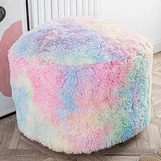 Asuprui Pouf Ottoman Unstuffed Round Bean Bag Poof Ottoman Seat Soft Faux Fur Footrest Stool 20x20x12 Inches Fuzzy Chair Floor Chair Foot Rest with Storage for Living Room Bedroom Rainbow Pouf Cover