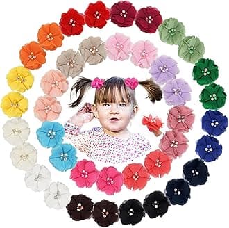 40 Pack Baby Girls Floral Hair Ties 2 Inch for Newborns Infants Toddlers Kids Handmade Pearl Rhinestone Chiffon Flower Hair Ties Soft Elastics Ponytail Holders Hair Accessories