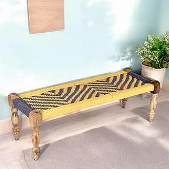 Ikiriya Hamilton Sheesham Wood 2 Seater Maachi Bench | Patio Bench in Yellow & Purple Rope Canning (4 Feet Width; 1 Yr. Warranty)