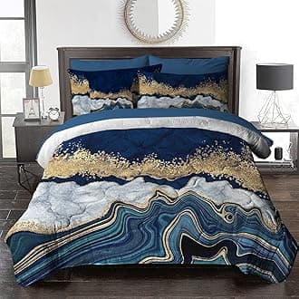 BlessLiving Marble Comforter Grey Navy Blue & Gold Modern Bed in A Bag 8 Pieces for Full Beds - 1 Comforter, 2 Pillow Shams, 1 Flat Sheet, 1 Fitted Sheet, 1 Decorative Pillow Cover, 2 Pillowcases