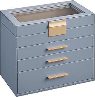 SONGMICS GISELLA Collection - Jewelry Box Organizer, 4-Layer Jewelry Storage with 3 Drawers, Shiny Metal Hardware, Glass Lid, Modern, 6 x 9.9 x 8.5 Inches, Smoky Blue and Gold Color UJBC161Q01