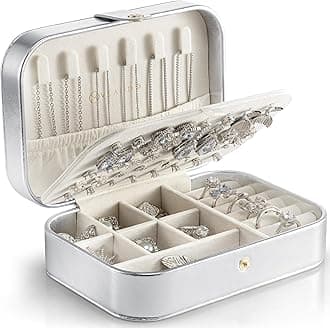 Vlando Travel Jewelry Case for Women Girls Mothers, PU Leather Portable Small Jewelry Box for Rings, Necklaces, Bracelets, Earring Holder Organizer Storage for Travel, Bridesmaid Gifts - Silver