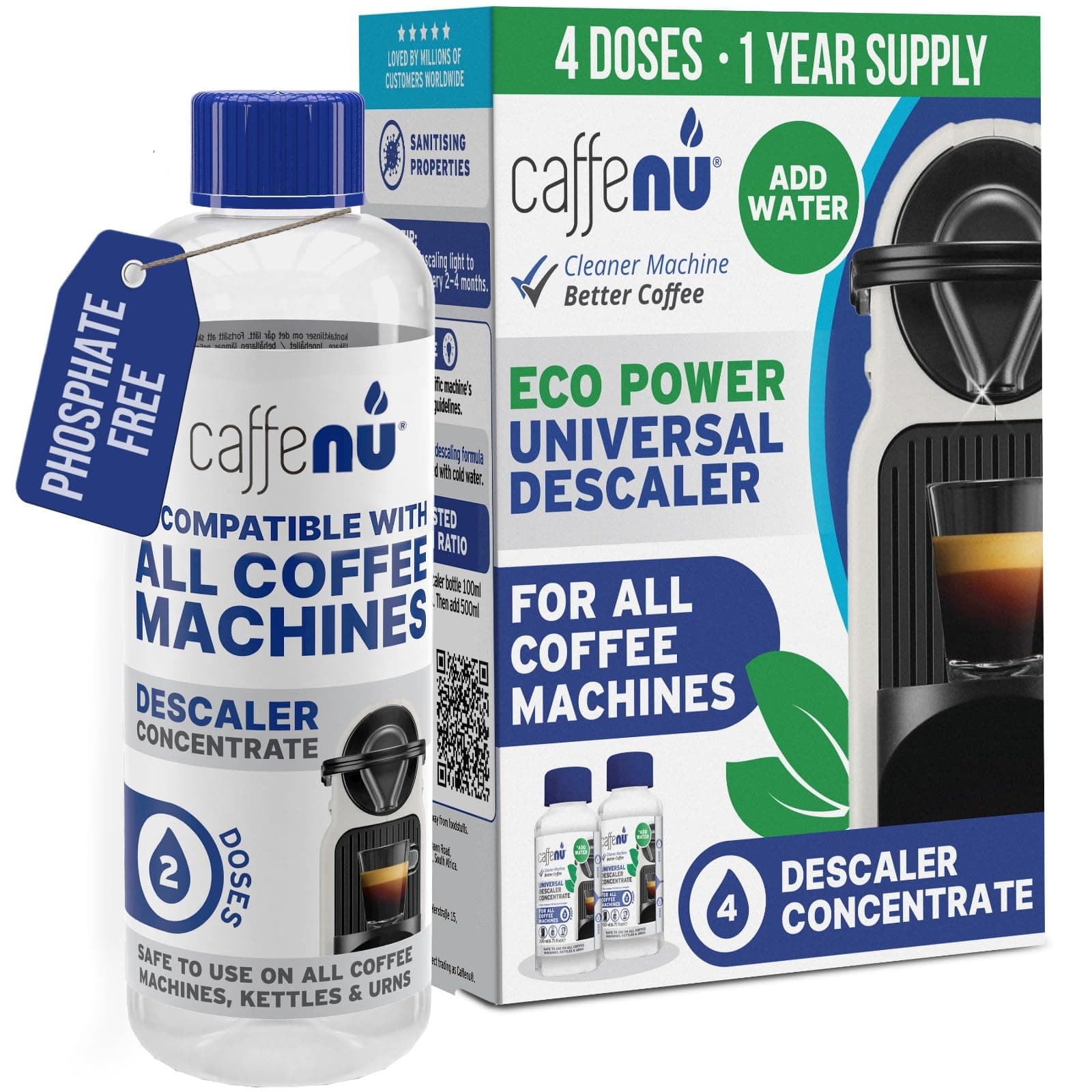 Universal Coffee Machine Descaling Solution. Coffee Machine Descaler Liquid 4 Uses. Descaler Kit. Part of your Barista Accessories Set. Compatible with Nespresso, Phillips, Lavazza, Verismo and More!