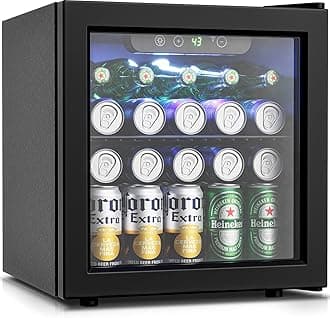 Feelfunn 50 Can Beverage Refrigerator Cooler - 1.3 Cu.Ft Mini Fridge with Glass Door, Soda Beer Drink Wine Fridge, Countertop Small Refrigerator for Bedroom Office Home Dorm Bar, Black