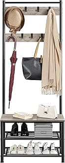 Coat Rack Stand for Bedroom, Living Room & Hallway, Free Standing Hall Tree with Shoes Storage Bench, 9 Movable Hooks & 2-tier Open Shelves, 72.5x33x184.5cm, Grey