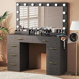 Makeup Vanity Desk with Lights, Vanity Desk with Large Mirror, Vanity with Outlets Large Drawers & Storage, 3 Lighting Color Adjustable, Bedroom Dressing Table, Black