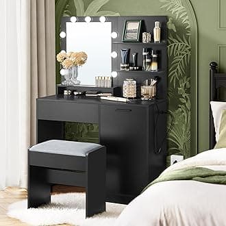 VASAGLE Vanity Desk with Mirror and Lights, 35.4-Inch Wide Makeup Vanity with Upholstered Vanity Stool, Power Outlets, Dimmable LED Lights, Storage Drawer, for Bedroom, Ink Black URDT128B01