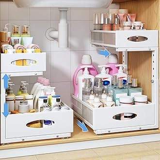 Under Sink Organizer, 2 Tier Pull Out Under Cabinet Organizer Shelf with Pad for Framed Cabinets, Metal Slide Out Under Sink Storage, Mesh Sliding Drawers for Kitchen Bathroom Laundry(White, 1 Pack)