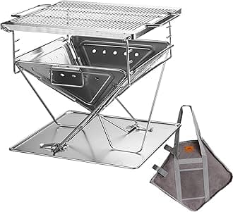 - CAMPINGMOON 3 in 1 Flatpack Portable Fire Pit Grill 14 inch Foldable Stainless Steel Wood Burning Camping Stove Adjustable Height Overlanding Outdoor Cooking RV Trips Carry Bag included MT-045
