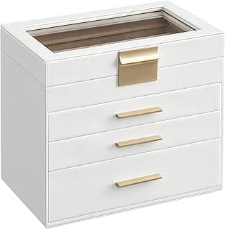 SONGMICSSONGMICS Jewelry Box with Glass Lid, 4-Layer Jewelry Organizer, 3 Drawers, for Sunglasses, Big Jewelry, Jewelry Storage, Modern Style, Cloud White and Gold Color UJBC161W01