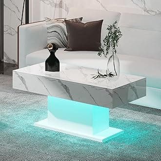 Modern Coffee Table for Living Room, Living Room Table Rectangular Center Table, High Glossy Wooden Coffee Tables with 16 Colors LED Lights for Dining Reception Room, White Marble