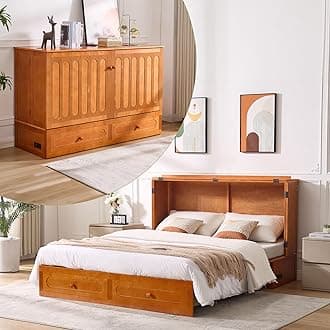 Queen Murphy Bed, Pine Wood Murphy Cabinet Bed with Tri-Folding Mattress,Storage Drawer & USB Charging Station for Living Room Apartment (Brown 3#)