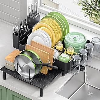 Dish Drying Rack for Kitchen Counter, 304 Stainless Steel Dish Rack, Expandable Dish Drainer, Foldable Dish Strainer with Cutlery Holder, Kitchen Plate Rack (Black, Large Size)